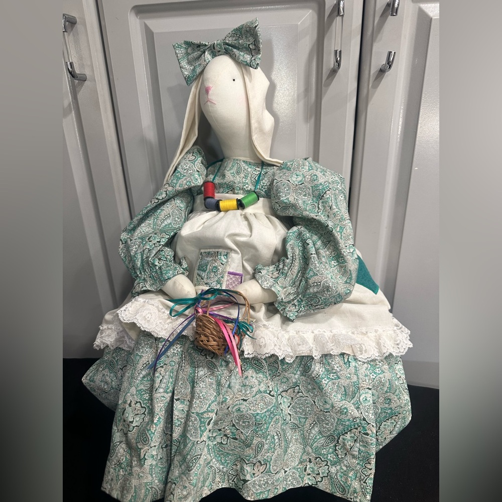 Handmade Vtg Green Paisley Bunny Doll with Lace Trim Bean Bag Apron Dress